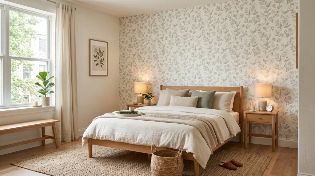 Removable wallpaper used as a bedroom accent wall in a rental