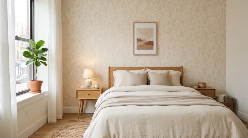 Removable wallpaper feature wall in a rental bedroom