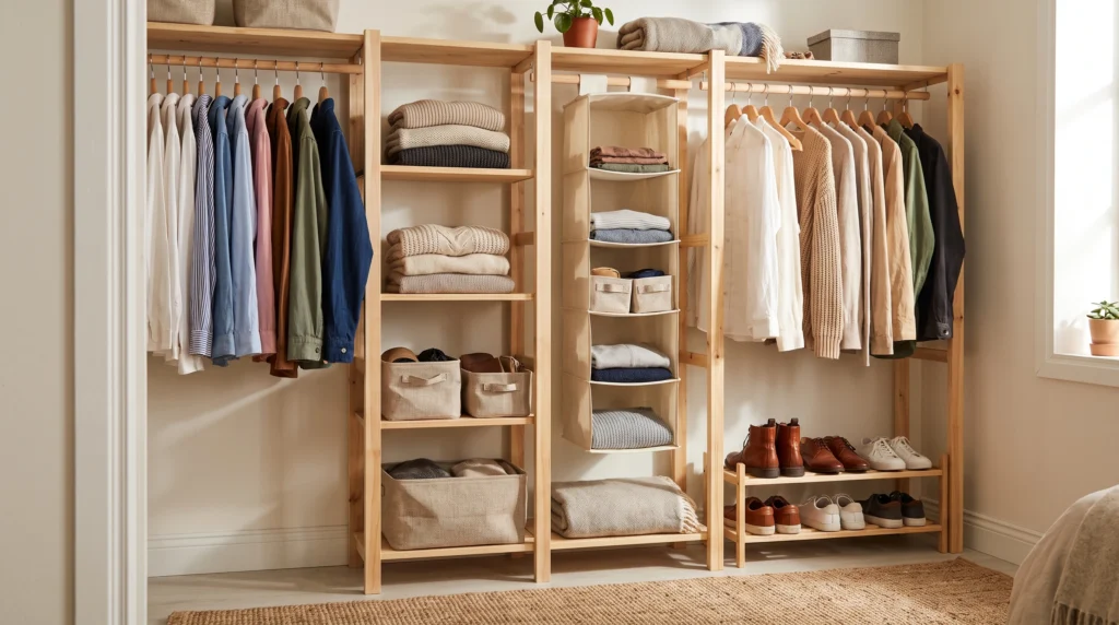 Organized rental bedroom closet with hanging storage baskets and neatly arranged clothes
