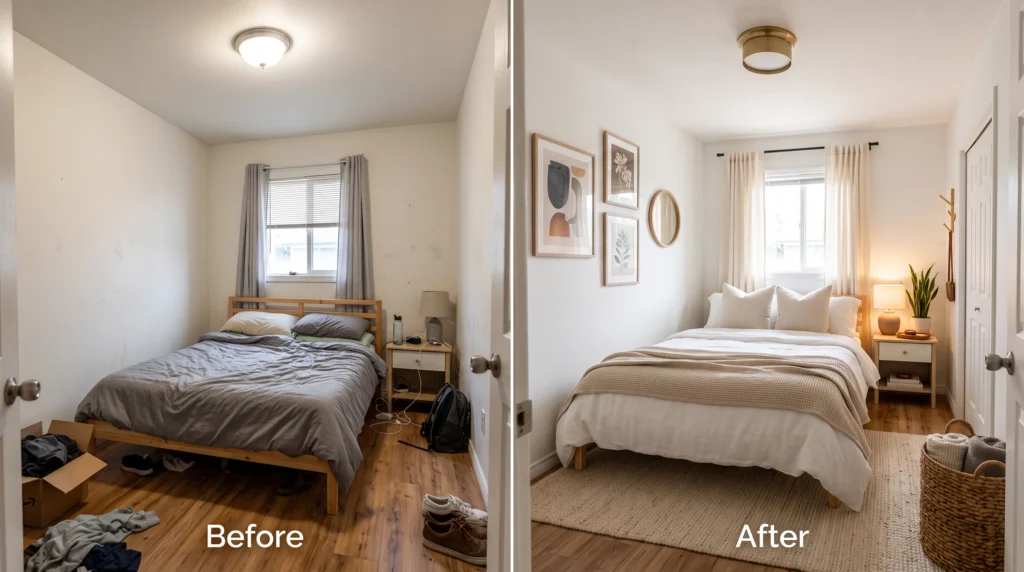 Before and after renter-friendly bedroom makeover