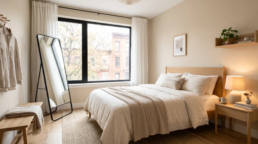 Leaning mirror and soft lighting in a rental bedroom