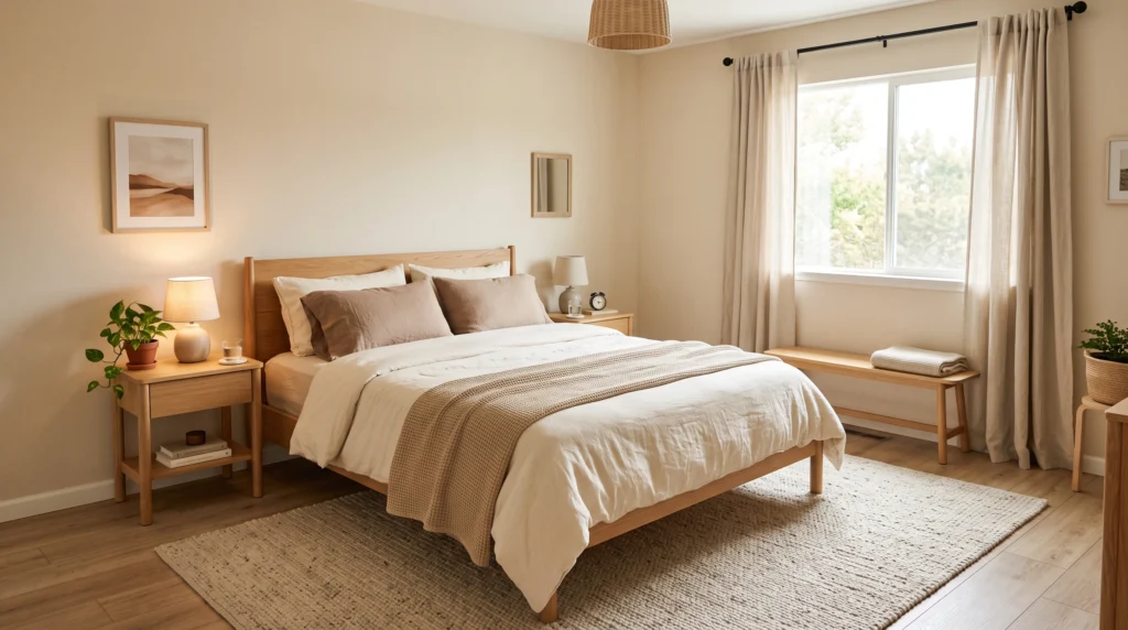 Neutral rug and curtains in a cozy rental bedroom
