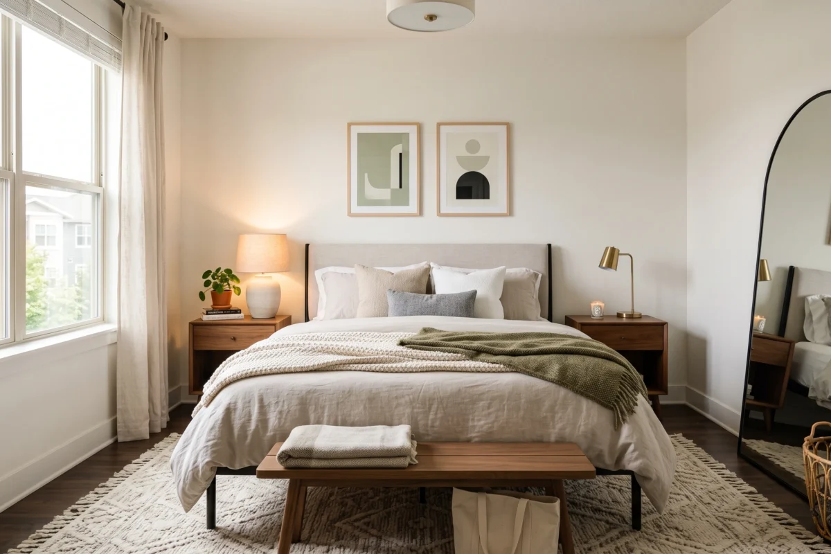 Renter-friendly bedroom with cozy decor and neutral styling