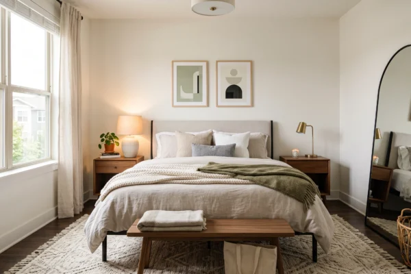 Renter-friendly bedroom with cozy decor and neutral styling
