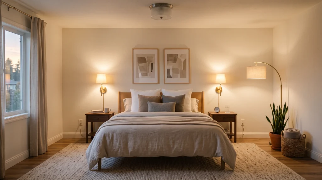 Renter-friendly bedroom lighting with bedside lamps and plug-in wall sconces