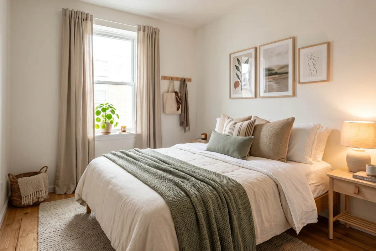 Renter-friendly bedroom makeover with cozy bedding, rug, lighting, and removable wall decor