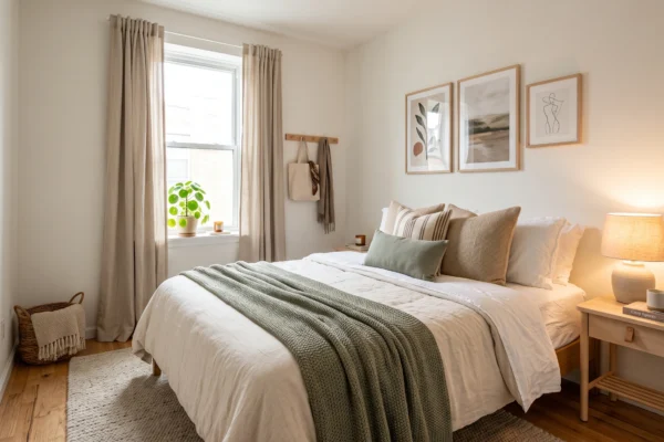 Renter-friendly bedroom makeover with cozy bedding, rug, lighting, and removable wall decor