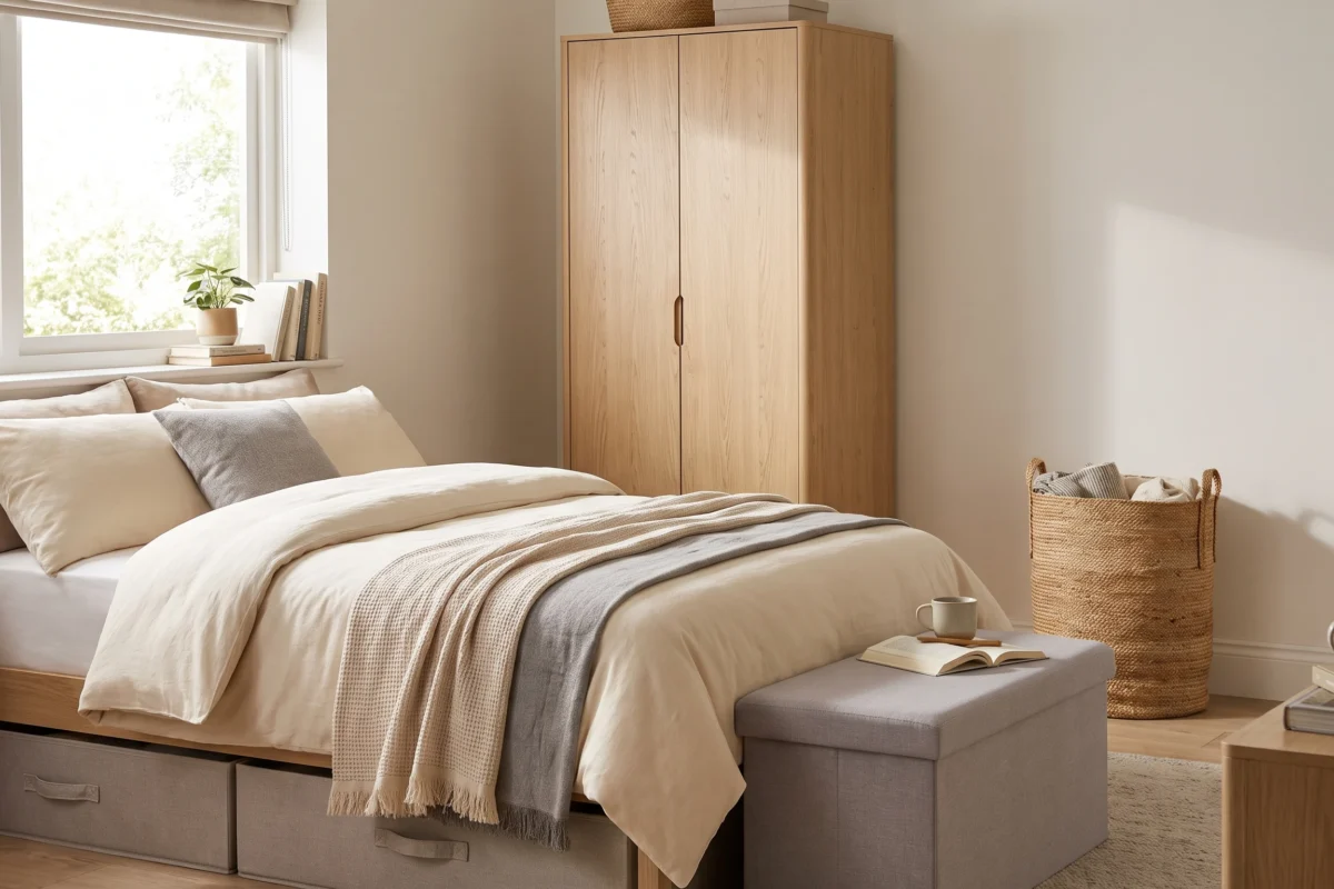 Renter-friendly bedroom with smart storage solutions and a cozy neutral design