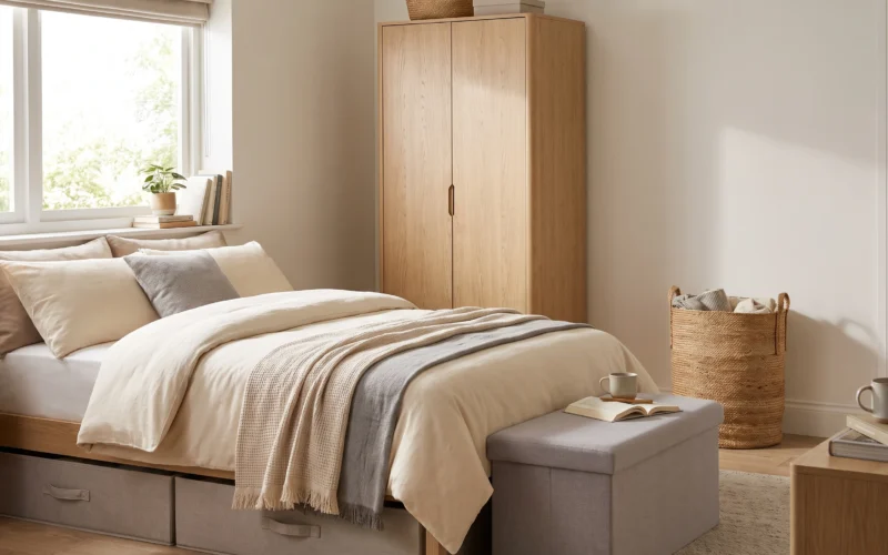 Renter-friendly bedroom with smart storage solutions and a cozy neutral design