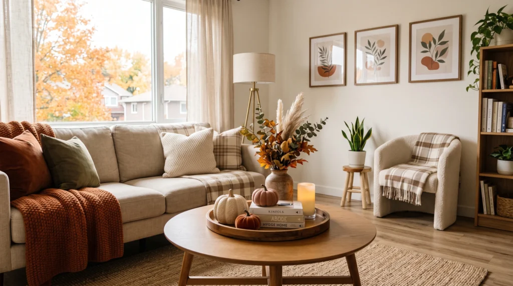 Renter-friendly fall coffee table decor with removable seasonal accents