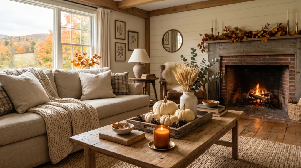Rustic fall coffee table decor with wood pumpkins and dried branches