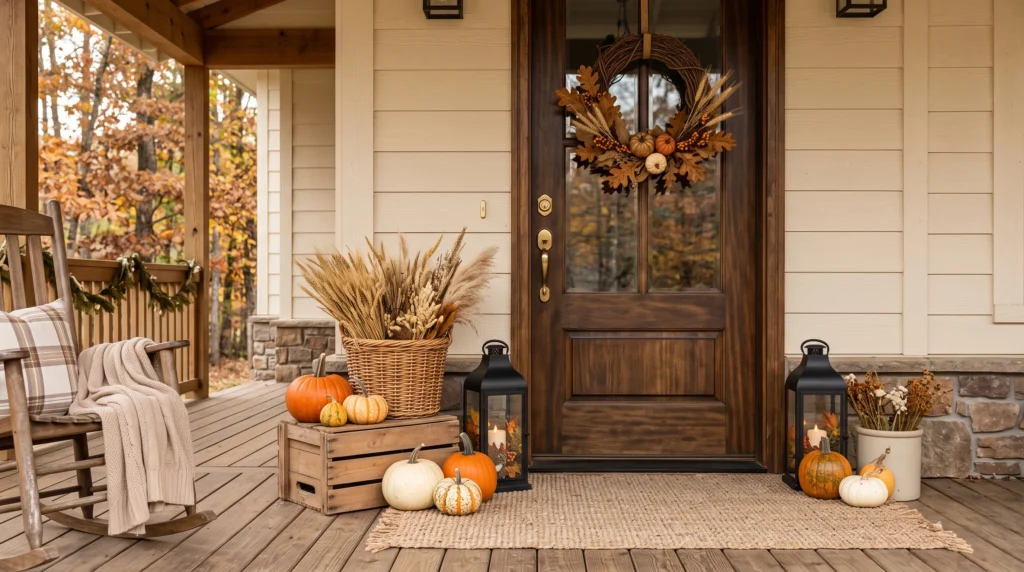 Rustic farmhouse fall porch with pumpkins, baskets, crates, and lanterns