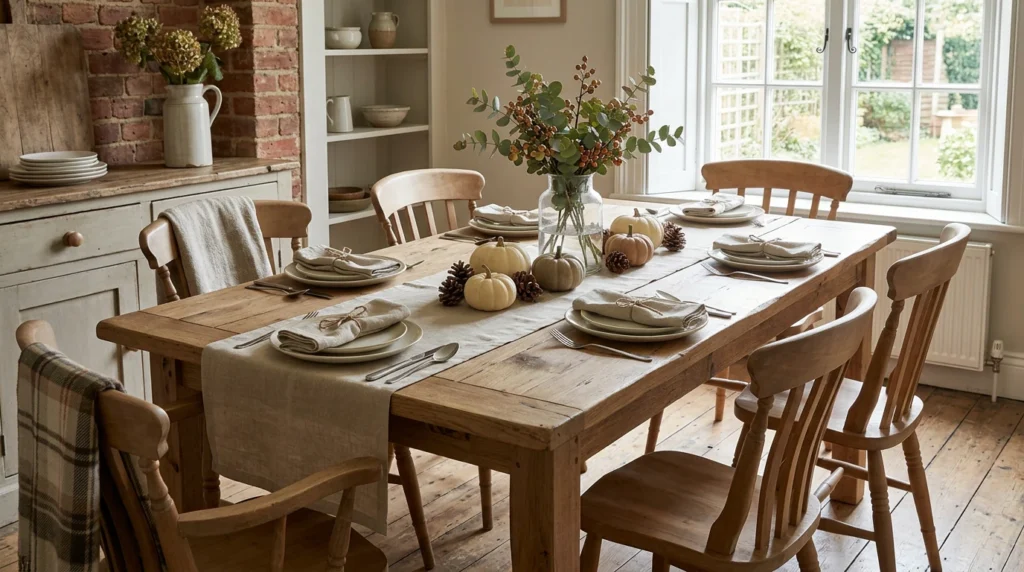 Rustic farmhouse fall table with wood, linen, pumpkins, and greenery