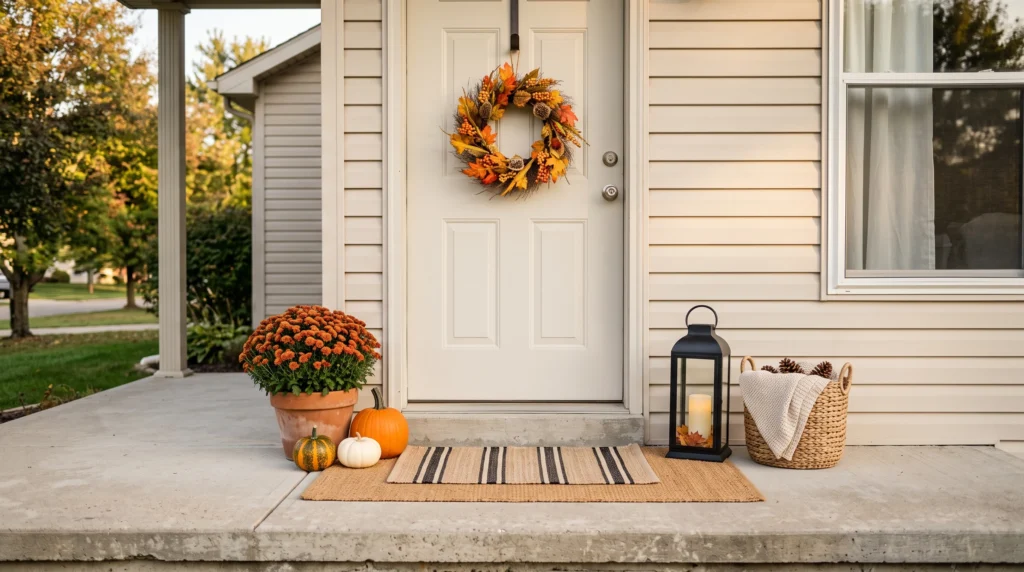 Simple renter-friendly fall porch with wreath, pumpkins, mum, and lantern
