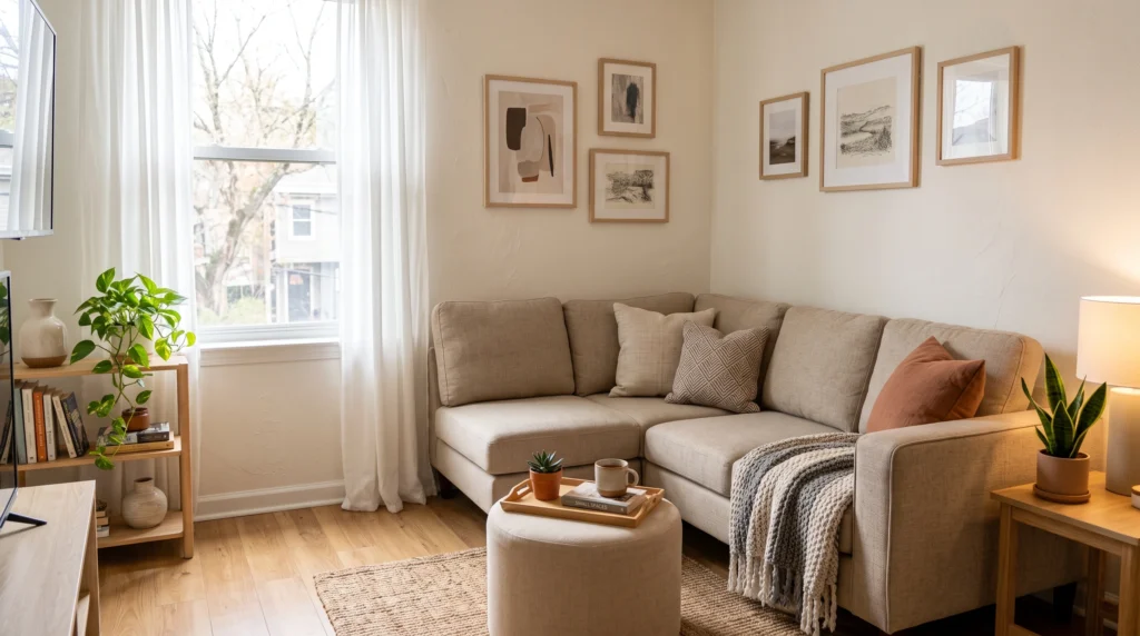 Corner sofa with ottoman in a small apartment living room