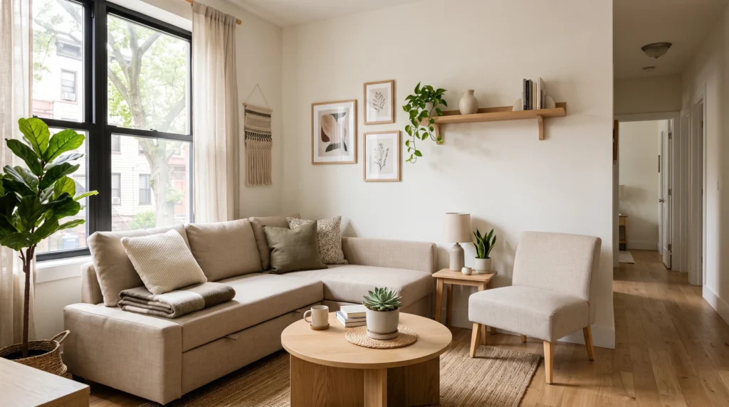 L-shaped seating arrangement in a small apartment living room