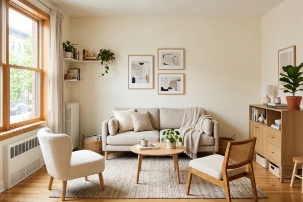 Small apartment living room layout with space-saving furniture