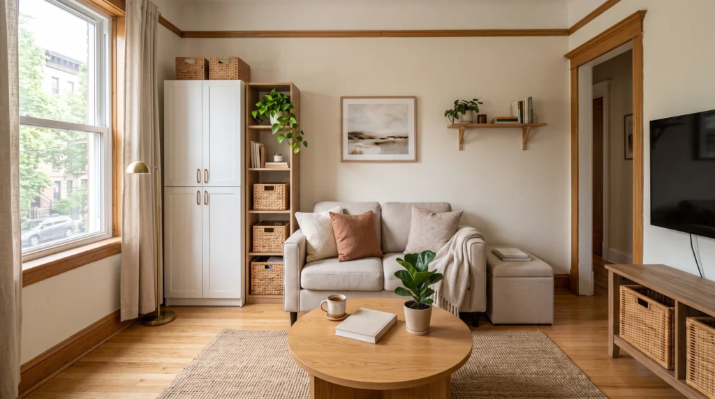 Storage-focused small apartment living room layout