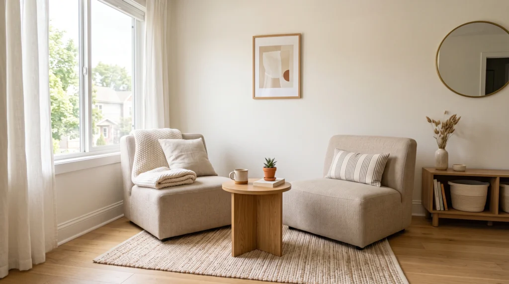 Two chairs arranged in a small apartment living room