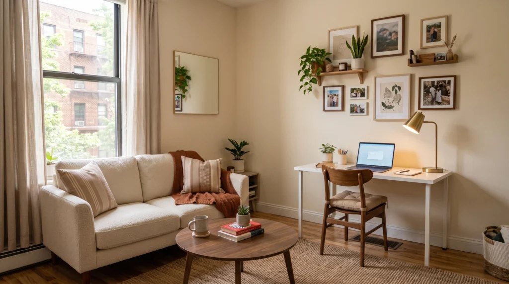 Small apartment living room with compact work desk
