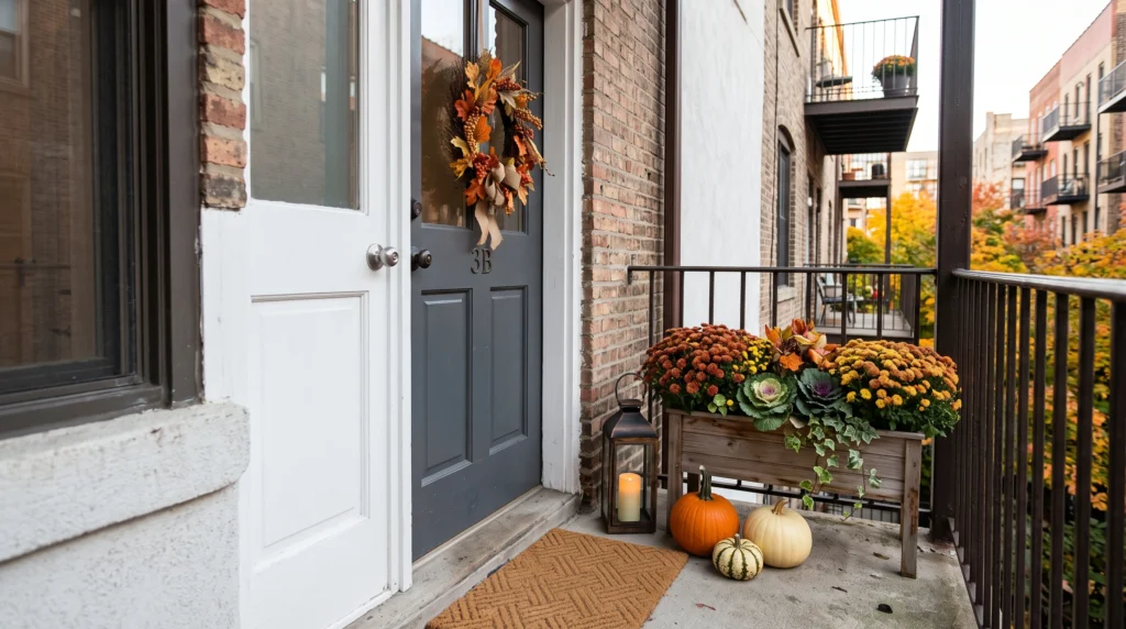 Small apartment porch with compact fall wreath, pumpkins, mums, and lantern