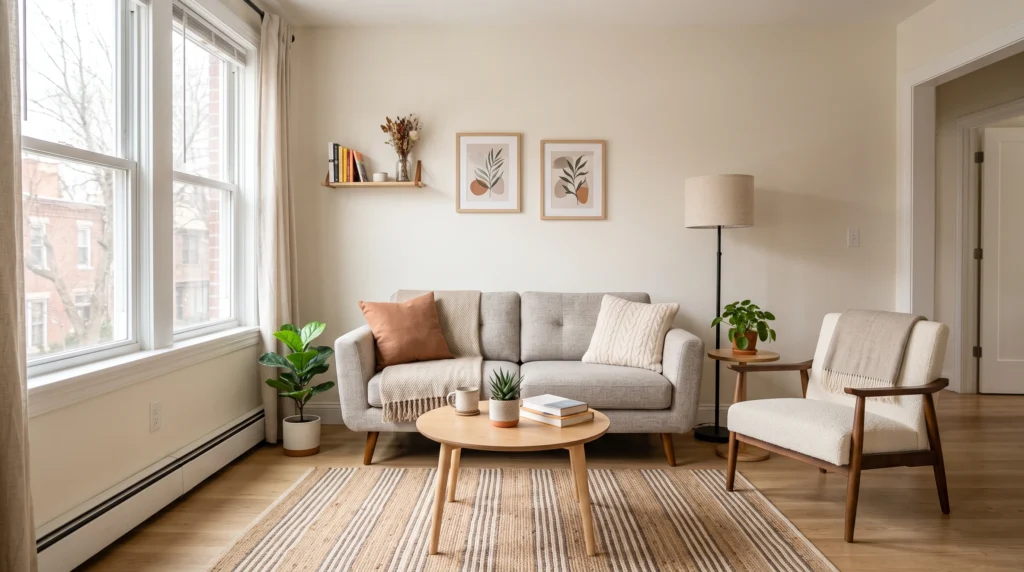 Small apartment living room with sofa against the long wall