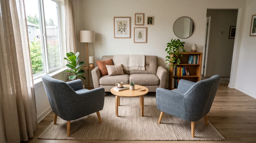 Sofa facing two chairs in a small apartment living room