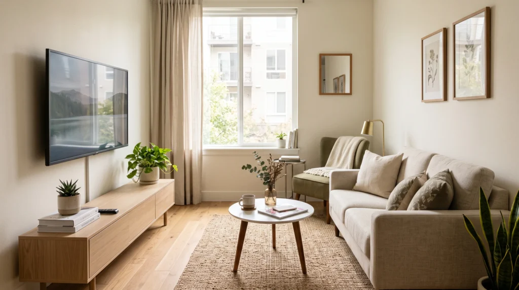 Small apartment living room with sofa facing TV