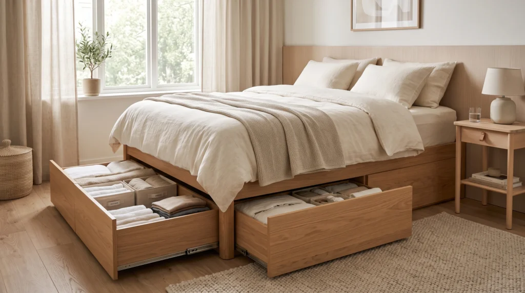 Small bedroom with a bed featuring practical under-bed storage