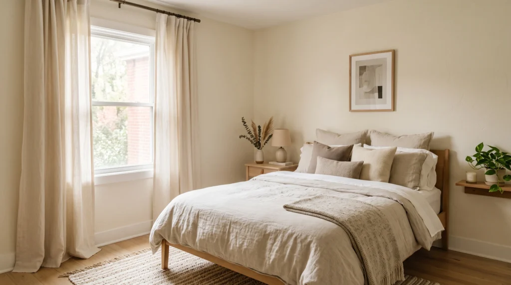 Small cozy bedroom with floor-length light curtains