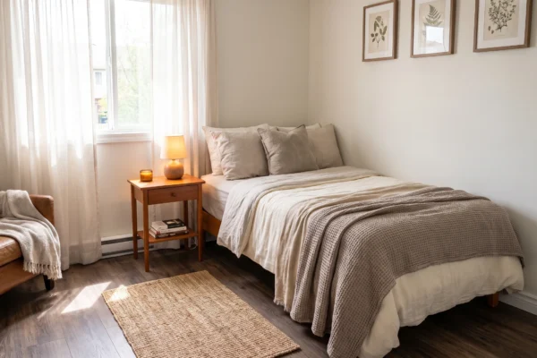 Small aesthetic cozy bedroom with warm neutral decor and soft bedding