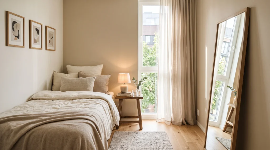 Small bedroom with a large mirror reflecting natural light