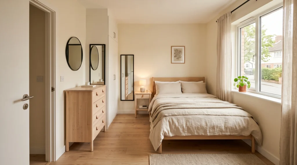 Small bedroom with a simple space-saving furniture layout