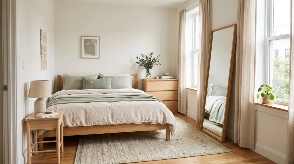 Full-length mirror in a small renter-friendly bedroom