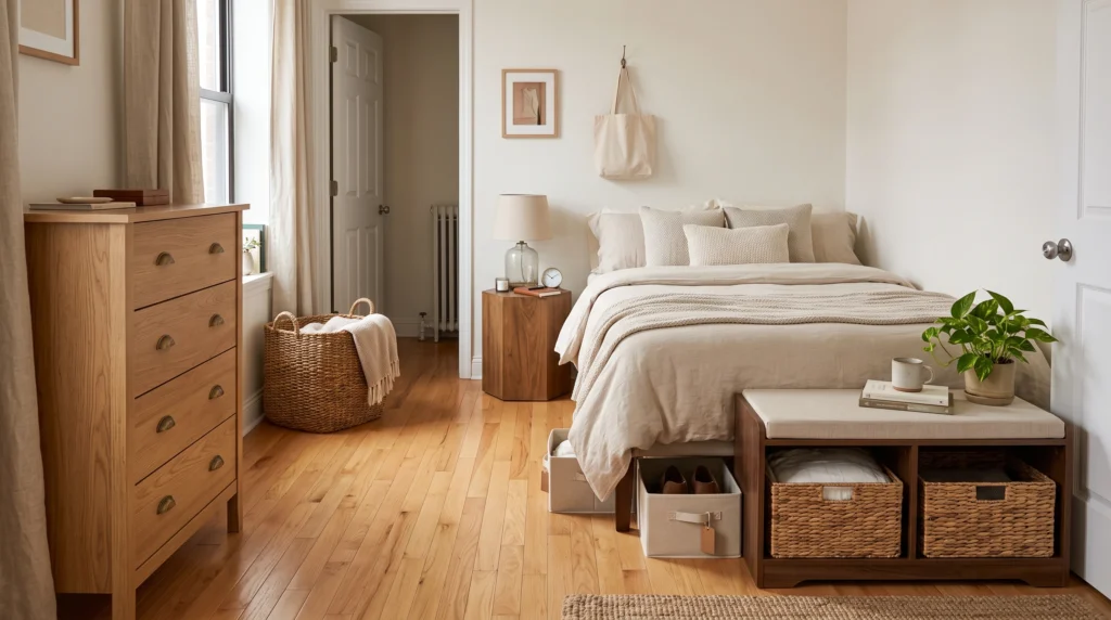 Small rental bedroom with space-saving furniture layout