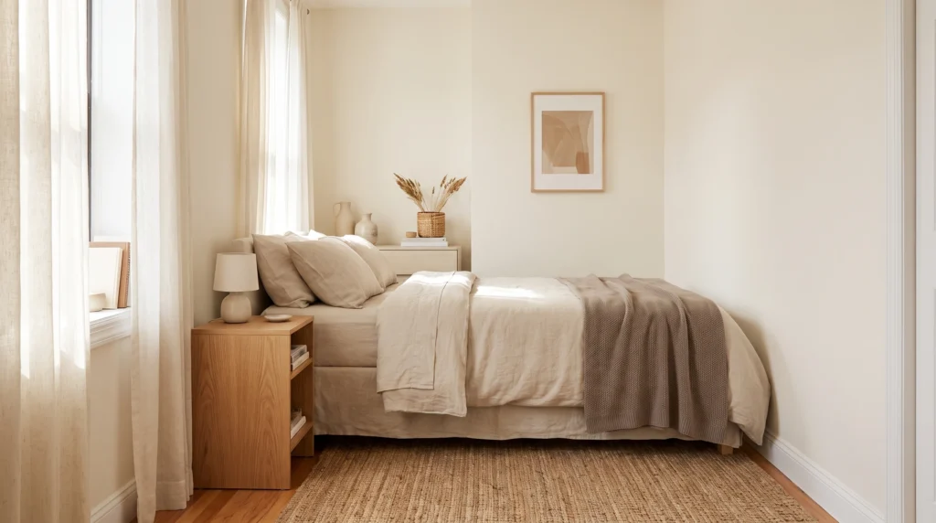 Small bedroom with a soft neutral color palette and cozy decor