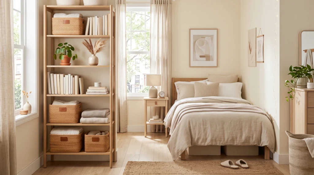 Small bedroom using tall shelving for vertical storage