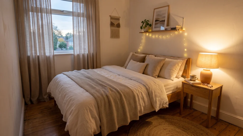 Cozy small bedroom with warm bedside lighting and soft bedding