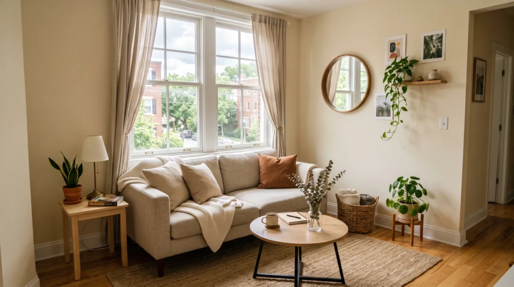 Low-profile sofa placed under a window in a small living room