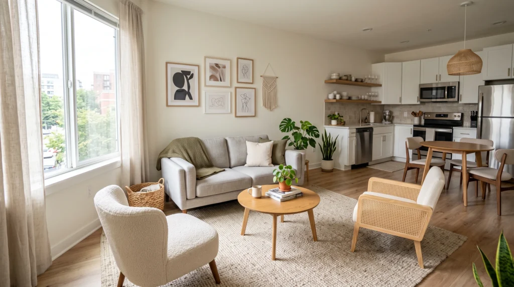 Open-plan apartment living room with a clear seating zone
