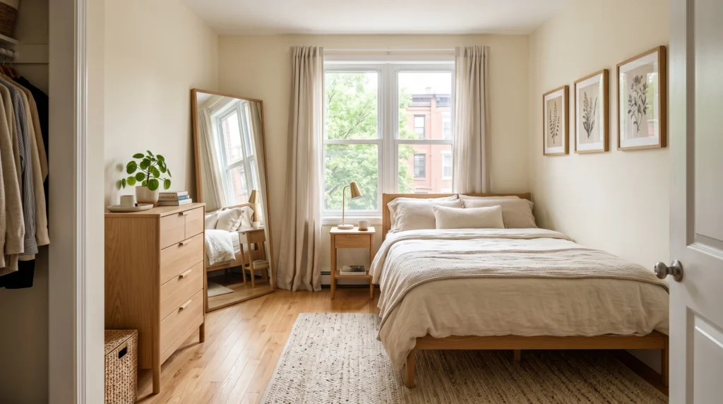 Smart movable storage in a small rental bedroom