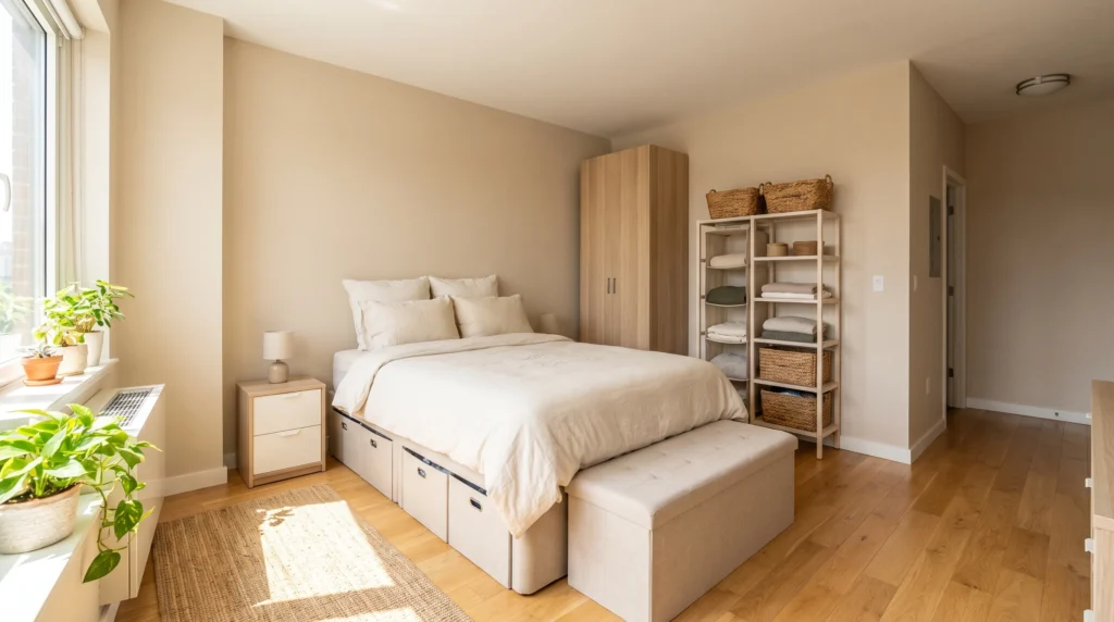 Small rental bedroom using multiple space-saving storage solutions