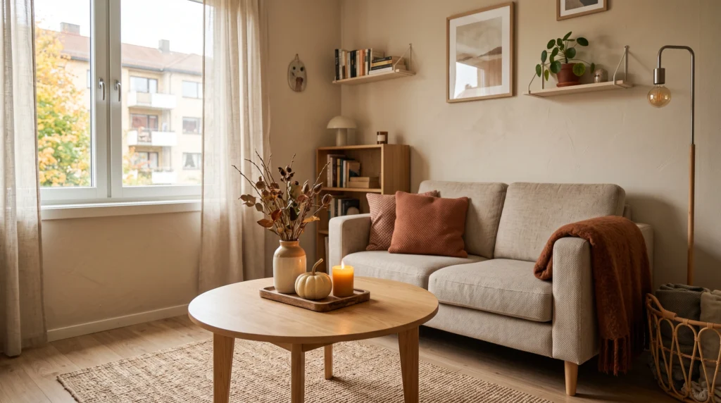 Small round coffee table with simple fall decorations