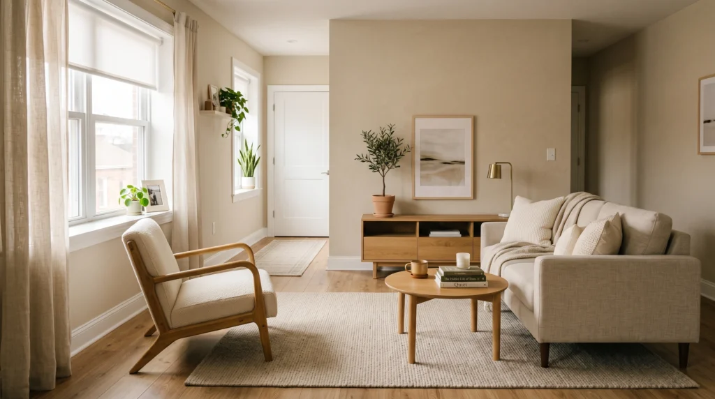 Small sofa and round coffee table in an apartment living room