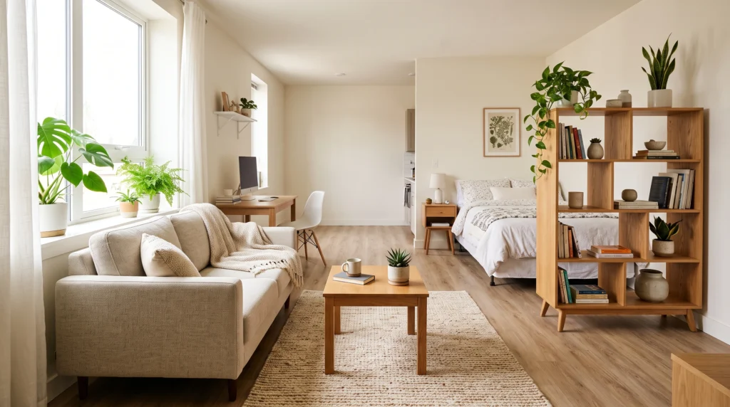 Studio apartment living room separated into a defined zone