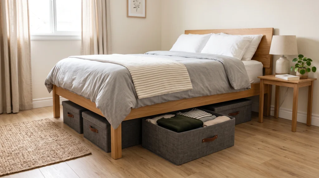 Under-bed storage boxes used to organize a small rental bedroom