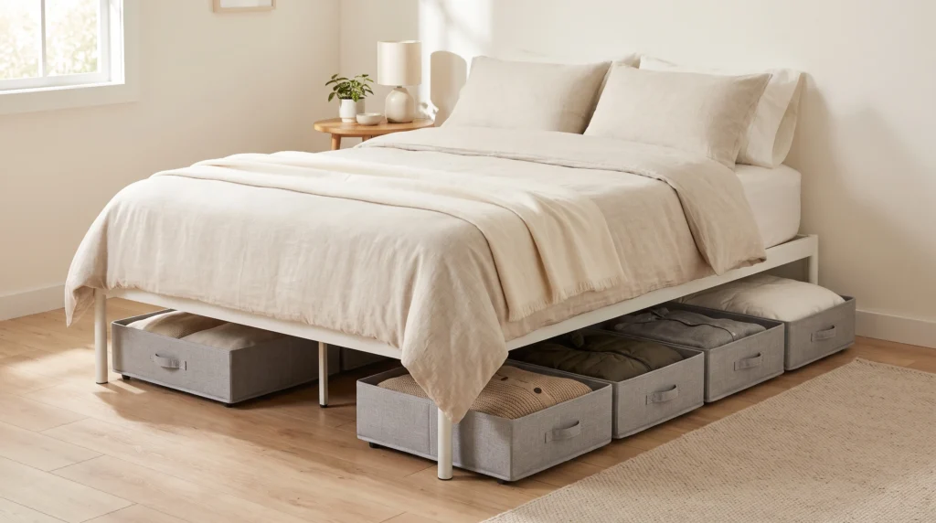 Under-bed storage boxes used to organize a small rental bedroom