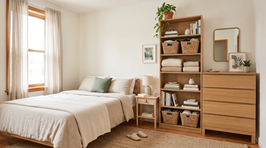 Vertical storage and narrow shelving in a small rental bedroom