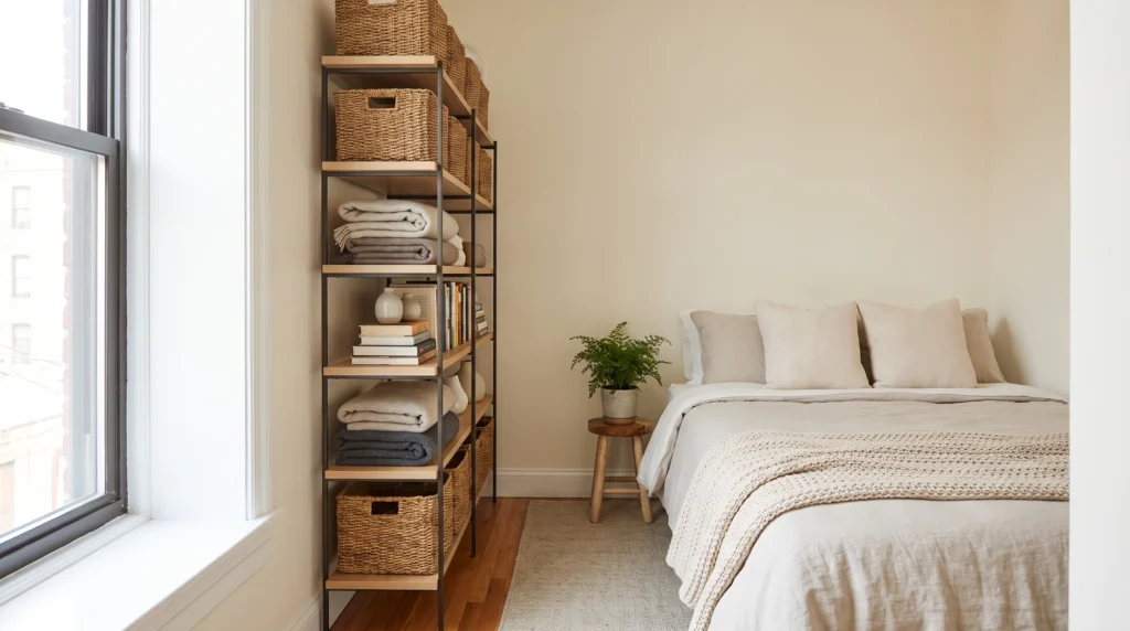 Tall freestanding shelf providing vertical storage in a small rental bedroom