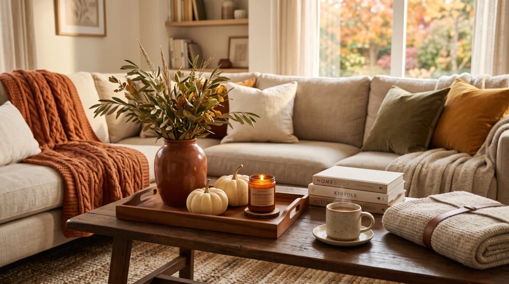 Warm autumn color palette on a decorated coffee table
